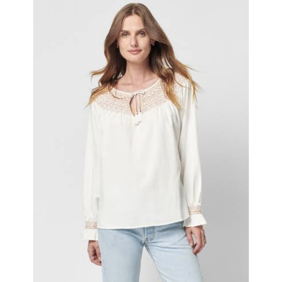 Faherty Tops - Faherty white brown smocked puff sleeve blouse
